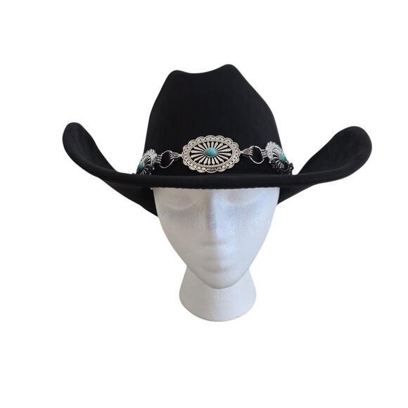 Boutique Western Black Cowboy Hat with Faux Turquoise & Silver Concho Band